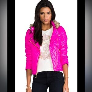 Juicy Couture Neon Pink Diamond Quilt Moto Puffer Jacket